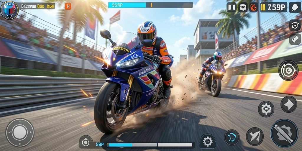 Screenshot gameplay balapan motor yang mendebarkan.