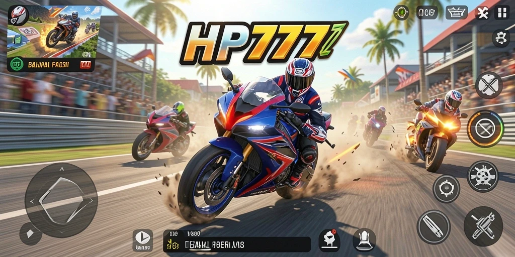 Screenshot HP777 menunjukkan aksi balap motor yang mendebarkan.