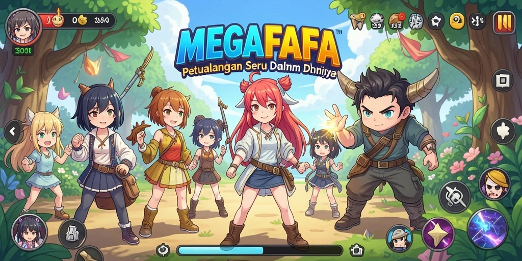 Screenshot gameplay MEGAFAFA dengan aksi karakter anime yang dinamis.