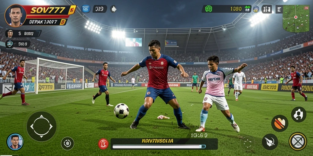 Tampilan gameplay yang seru dan mendebarkan dalam permainan sepak bola.